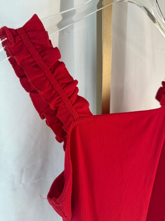 KAILEIGH Raina Ruffle Straps Knit Bodysuit Top - Small - Red - Picture 6 of 14